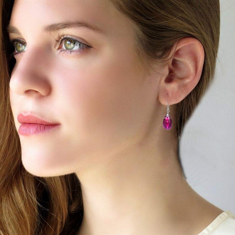 EVEVIC Austrian Crystal Teardrop Dangle Earrings for Women Drop Hook Earring 925 Sterling Silver Hypoallergenic Jewelry (Fuchsia) - Image 2